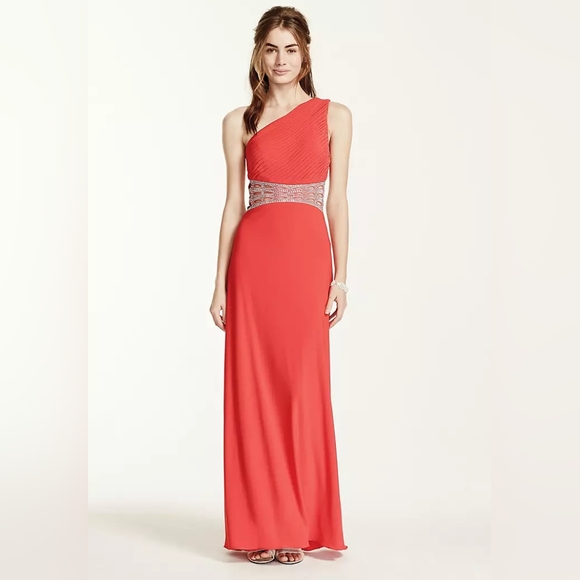 NWT David's Bridal One Shoulder Cut Out Silver Rhinestone Waist Coral Dress 0 - Picture 1 of 9
